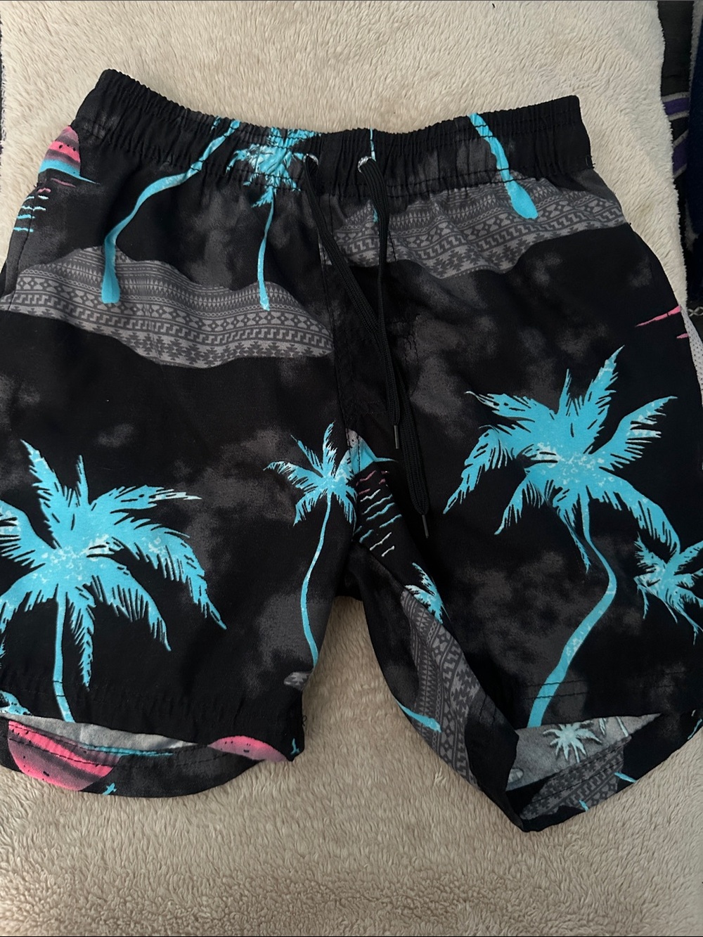 Boys  Black Palm-Print Swim Shorts with Teal palm tree and pink sunset Accents